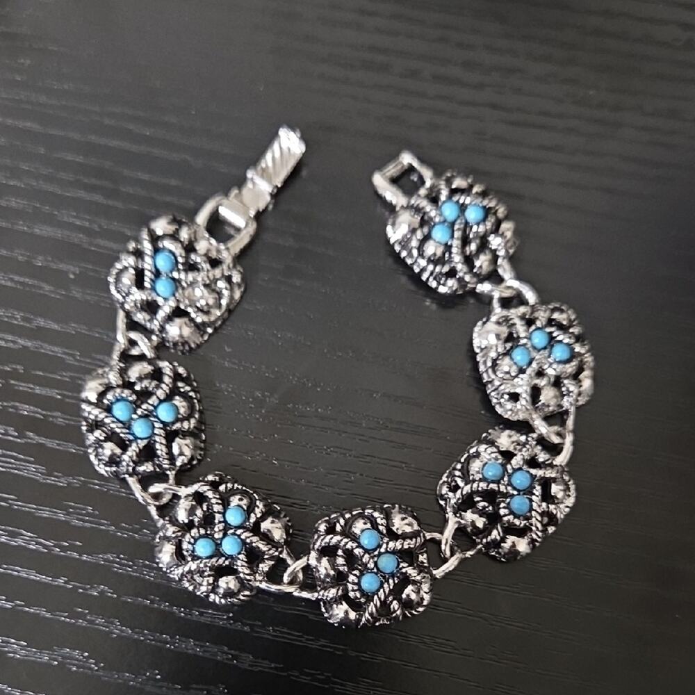 Vintage Avon Sierra Faux Turquoise Panel Link Bracelet Silver Tone Boho Style